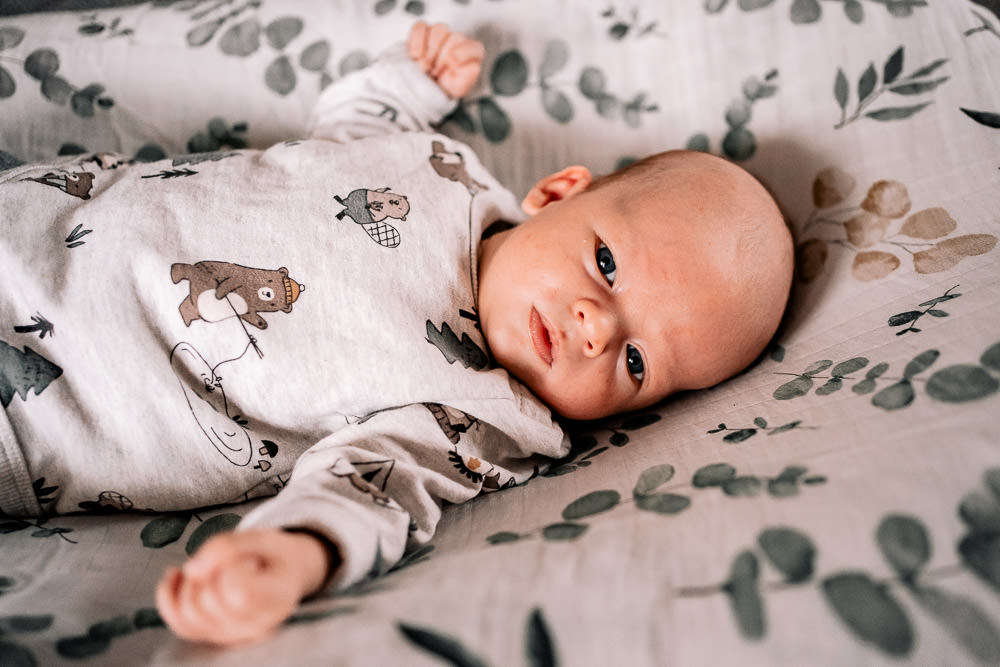 Fotobesuch im Wochenbett 6 Baby liegt auf Stillkissen und schaut in die Kamera